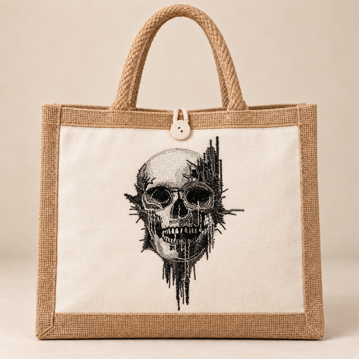 Static Fracture Skull Machine Embroidered Jute Tote – Glitch-effect fractured skull design embroidered on premium natural jute | Hand Finished in Dubai