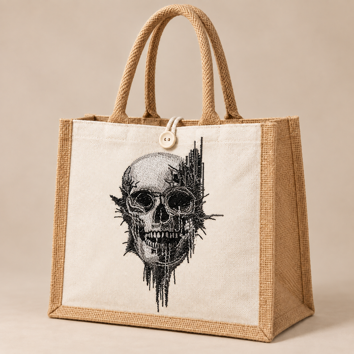 Static Fracture Skull Machine Embroidered Jute Tote – Glitch-effect fractured skull design embroidered on premium natural jute | Hand Finished in Dubai