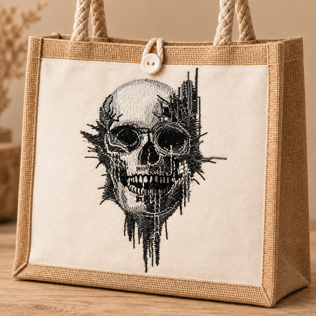 Static Fracture Skull Machine Embroidered Jute Tote – Close-up detail of glitch-effect fractured skull embroidery with fine crack and stitch texture | Hand Finished in Dubai