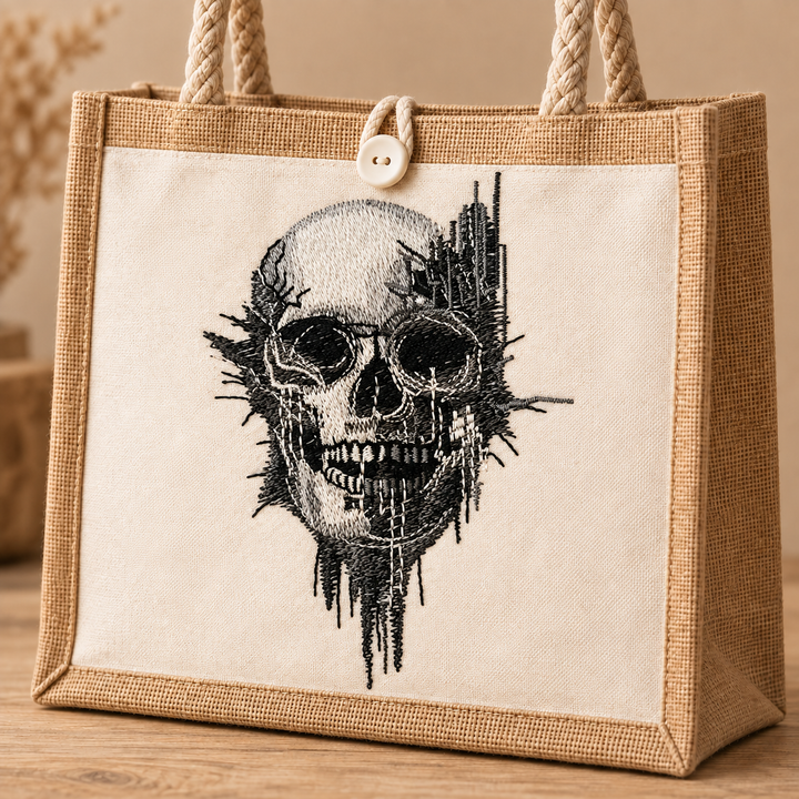 Static Fracture Skull Machine Embroidered Jute Tote – Close-up detail of glitch-effect fractured skull embroidery with fine crack and stitch texture | Hand Finished in Dubai