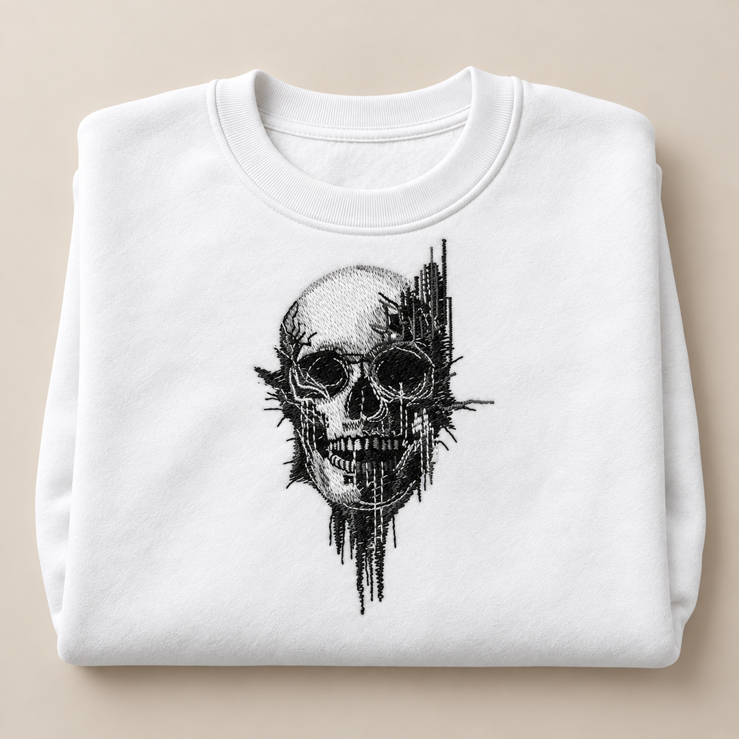 Static Fracture Skull Machine Embroidered Sweatshirt in Large Mint Green – Glitch-effect fractured skull design embroidered on mint green 320gsm cotton fleece crewneck | Hand Finished in Dubai