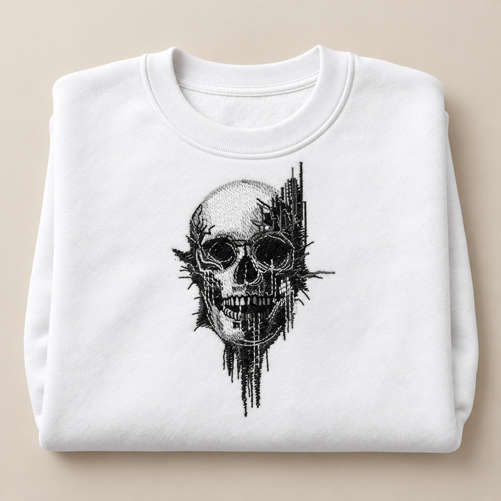 Static Fracture Skull Machine Embroidered Sweatshirt in Large Mint Green – Glitch-effect fractured skull design embroidered on mint green 320gsm cotton fleece crewneck | Hand Finished in Dubai