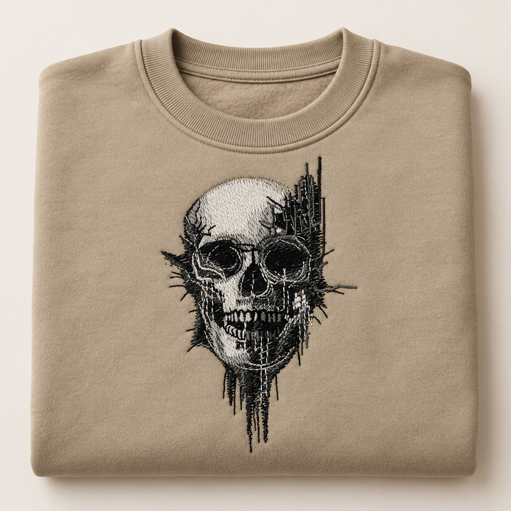 Static Fracture Skull Machine Embroidered Sweatshirt in Large White – Glitch-effect fractured skull design embroidered on white 320gsm cotton fleece crewneck | Hand Finished in Dubai