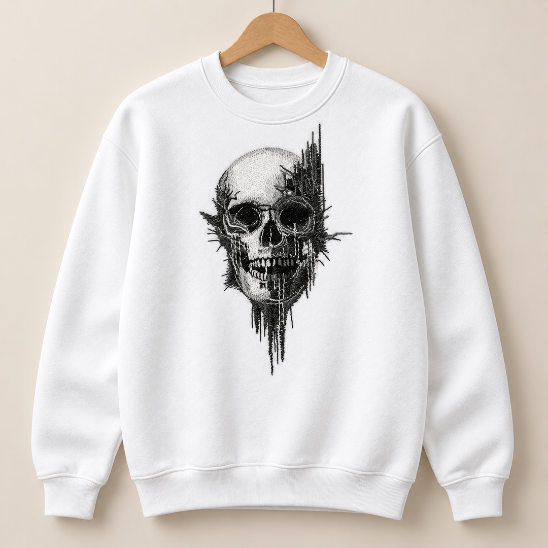 Static Fracture Skull Machine Embroidered Sweatshirt in Medium Mint Green – Glitch-effect fractured skull design embroidered on mint green 320gsm cotton fleece crewneck | Hand Finished in Dubai