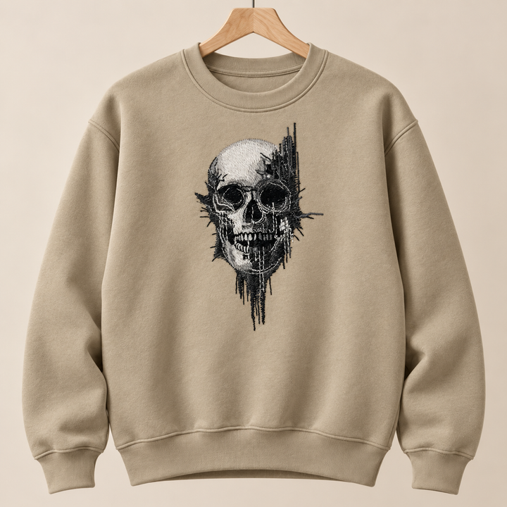 Static Fracture Skull Machine Embroidered Sweatshirt in Medium White – Glitch-effect fractured skull design embroidered on white 320gsm cotton fleece crewneck | Hand Finished in Dubai
