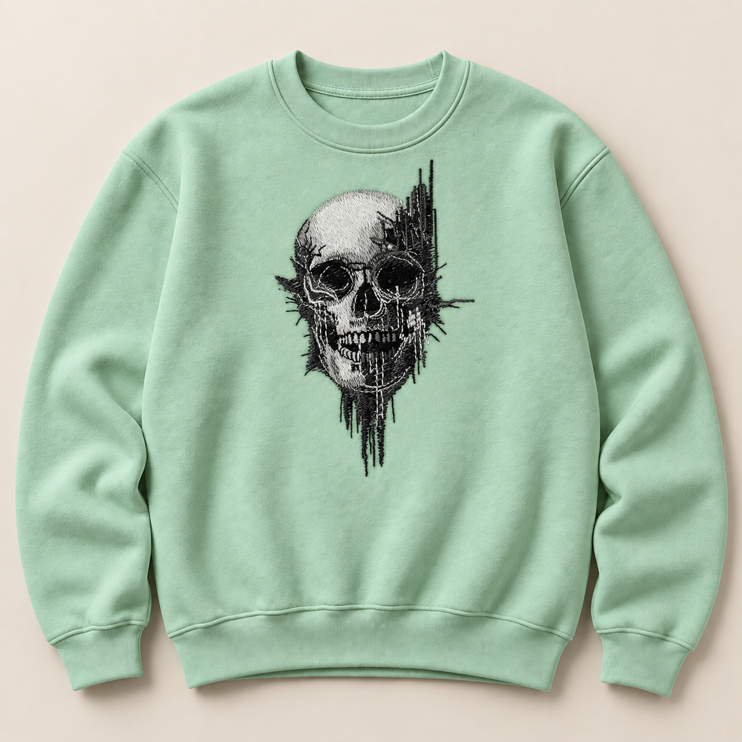 Static Fracture Skull Machine Embroidered Sweatshirt in Small Khaki – Glitch-effect fractured skull design embroidered on khaki 320gsm cotton fleece crewneck | Hand Finished in Dubai