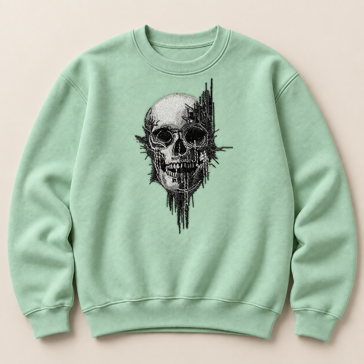 Static Fracture Skull Machine Embroidered Sweatshirt in Small Khaki – Glitch-effect fractured skull design embroidered on khaki 320gsm cotton fleece crewneck | Hand Finished in Dubai