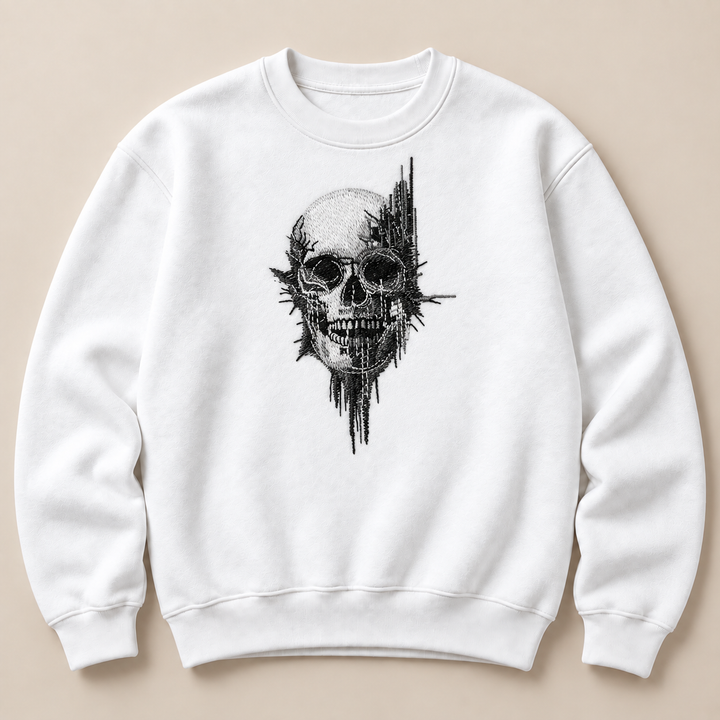 Static Fracture Skull Machine Embroidered Sweatshirt in Small Mint Green – Glitch-effect fractured skull design embroidered on mint green 320gsm cotton fleece crewneck | Hand Finished in Dubai