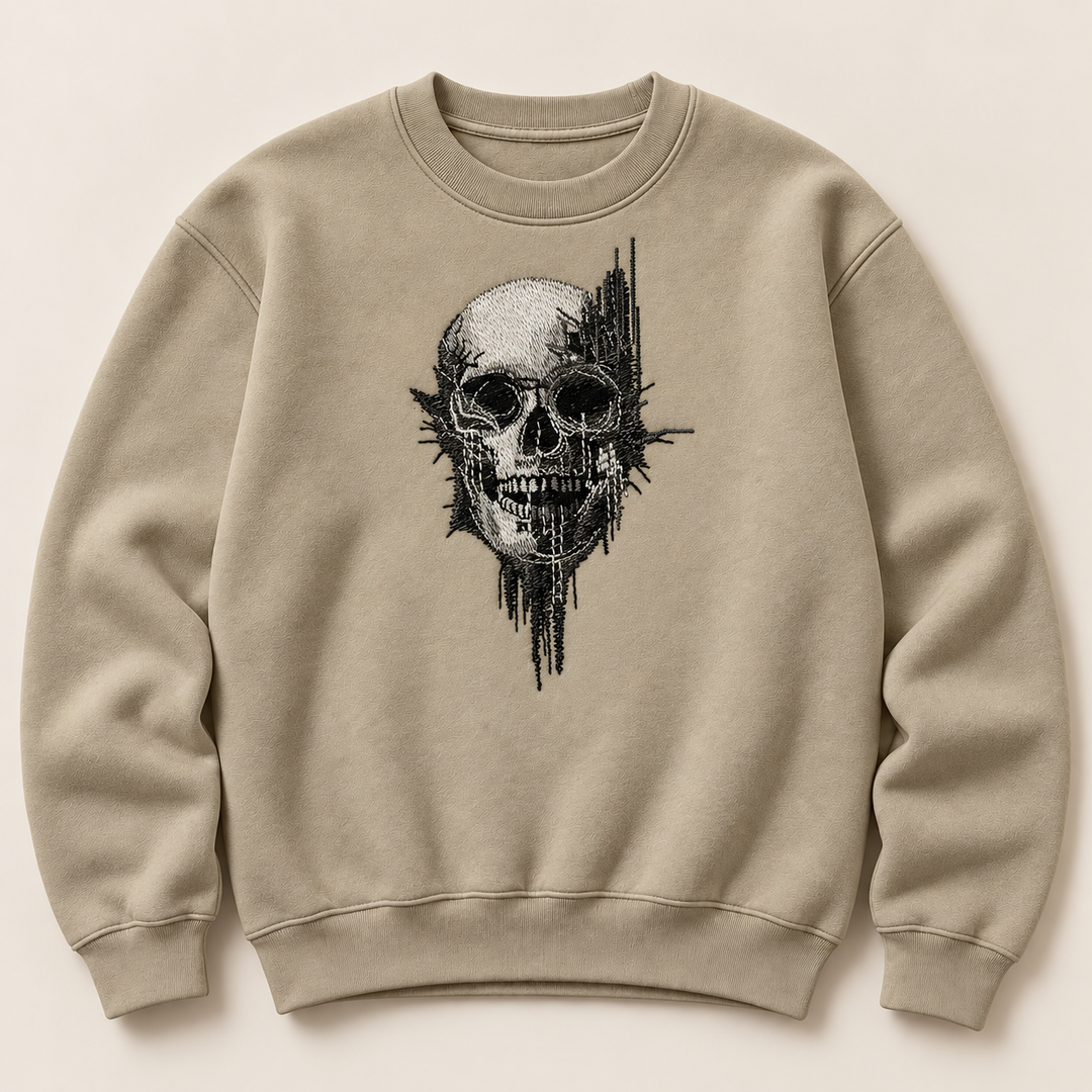 Static Fracture Skull Machine Embroidered Sweatshirt in Small White – Glitch-effect fractured skull design embroidered on white 320gsm cotton fleece crewneck | Hand Finished in Dubai