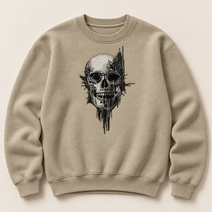 Static Fracture Skull Machine Embroidered Sweatshirt in Small White – Glitch-effect fractured skull design embroidered on white 320gsm cotton fleece crewneck | Hand Finished in Dubai