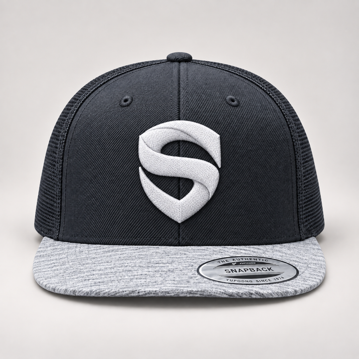 ⚡🌫️ Ash Shield – Stitched Shield · White 3D puff · Charcoal &amp; Heather Grey Snapback | Hand Finished in Dubai | EmbroMania
