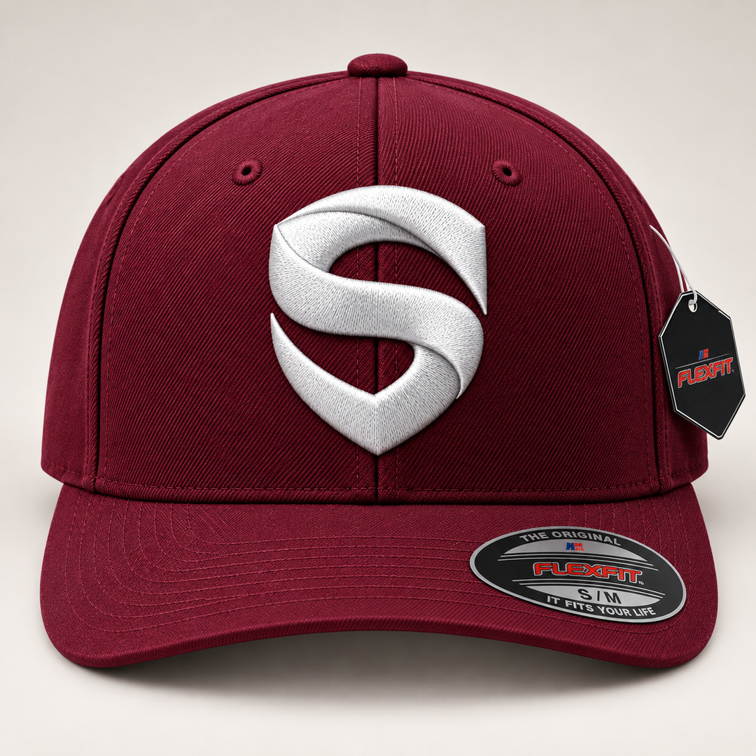 🍷⚡ Crimson Shield – Stitched Shield · White 3D puff · Burgundy Flexfit Curved | Hand Finished in Dubai | EmbroMania