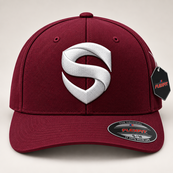🍷⚡ Crimson Shield – Stitched Shield · White 3D puff · Burgundy Flexfit Curved | Hand Finished in Dubai | EmbroMania