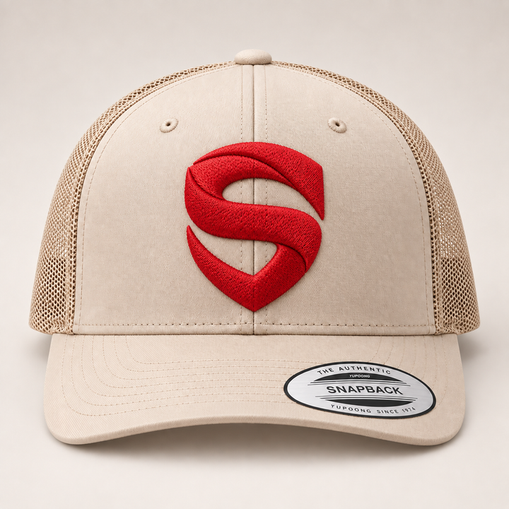 🏜️🔴 Desert Shield – Stitched Shield · Red 3D puff · Sand Beige Retro Trucker | Hand Finished in Dubai | EmbroMania