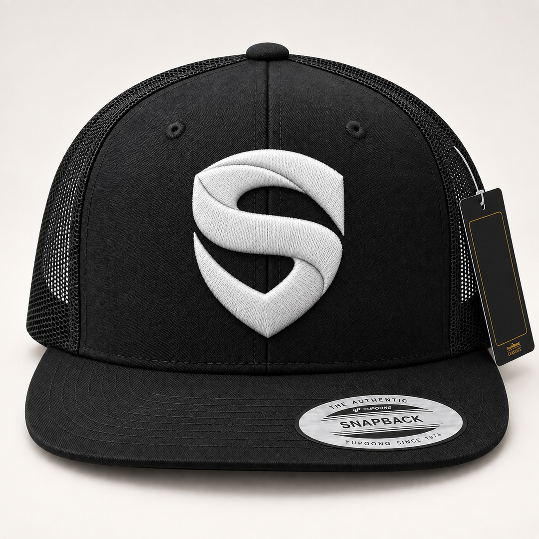 🖤⚡ Iron Shield – Stitched Shield · White 3D puff · Black Flat Trucker YP Classics | Hand Finished in Dubai | EmbroMania