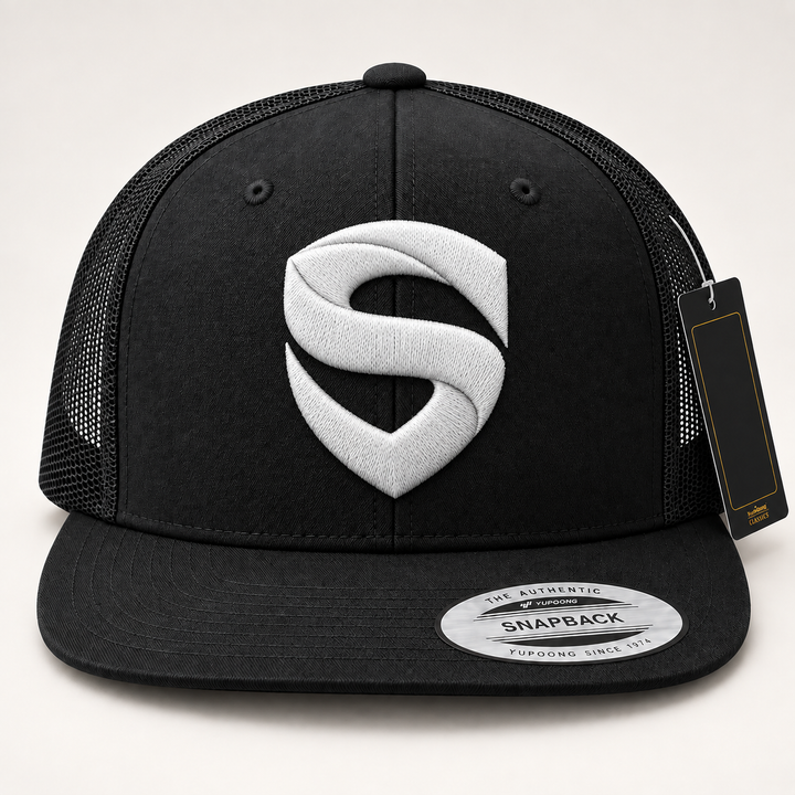 🖤⚡ Iron Shield – Stitched Shield · White 3D puff · Black Flat Trucker YP Classics | Hand Finished in Dubai | EmbroMania