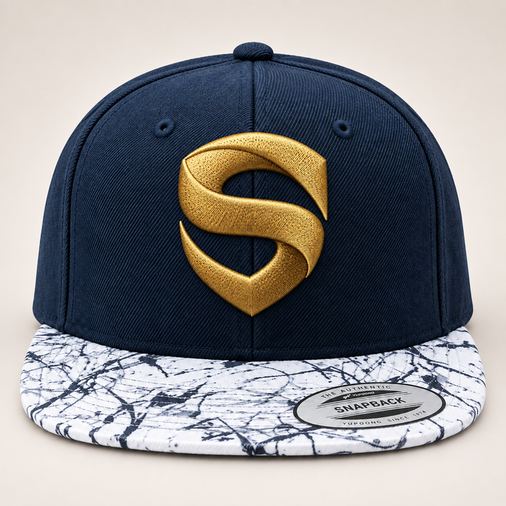 🌊✨ Marble Shield – Stitched Shield · Gold 3D puff · Navy Crown &amp; Marble Brim Snapback | Hand Finished in Dubai | EmbroMania