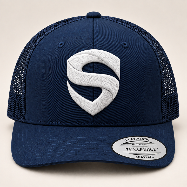 ⚡🌊 Navy Shield – Stitched Shield · White 3D puff · Dark Navy Curved Trucker | Hand Finished in Dubai | EmbroMania