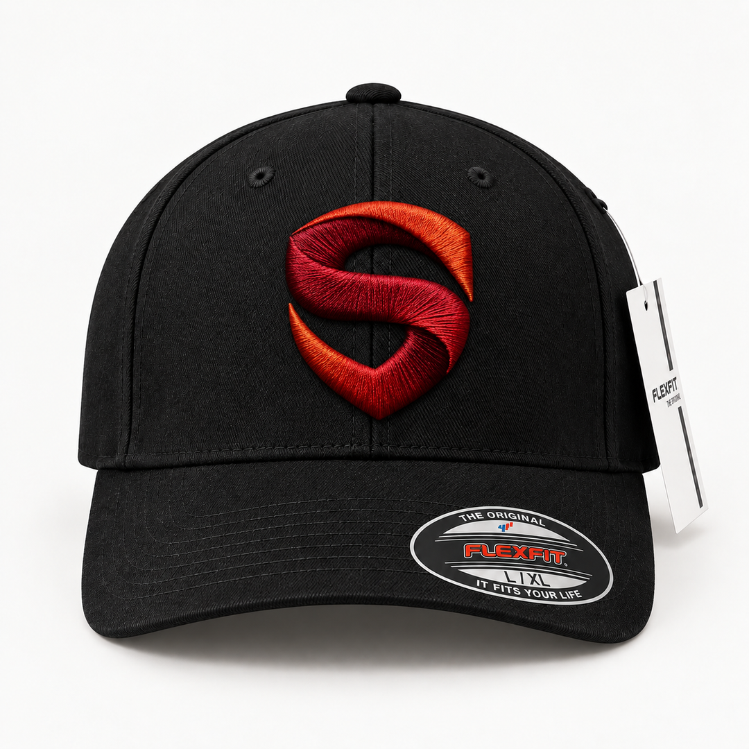🔴🖤 Shield Blaze – Stitched Shield · Red 3D puff · Black Solid Flexfit | Hand Finished in Dubai | EmbroMania