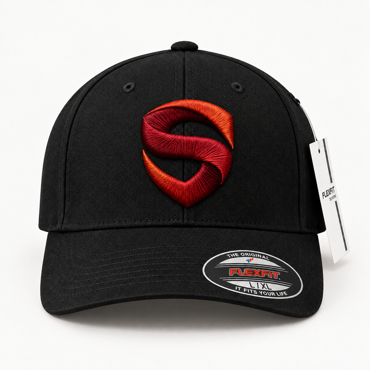 🔴🖤 Shield Blaze – Stitched Shield · Red 3D puff · Black Solid Flexfit | Hand Finished in Dubai | EmbroMania