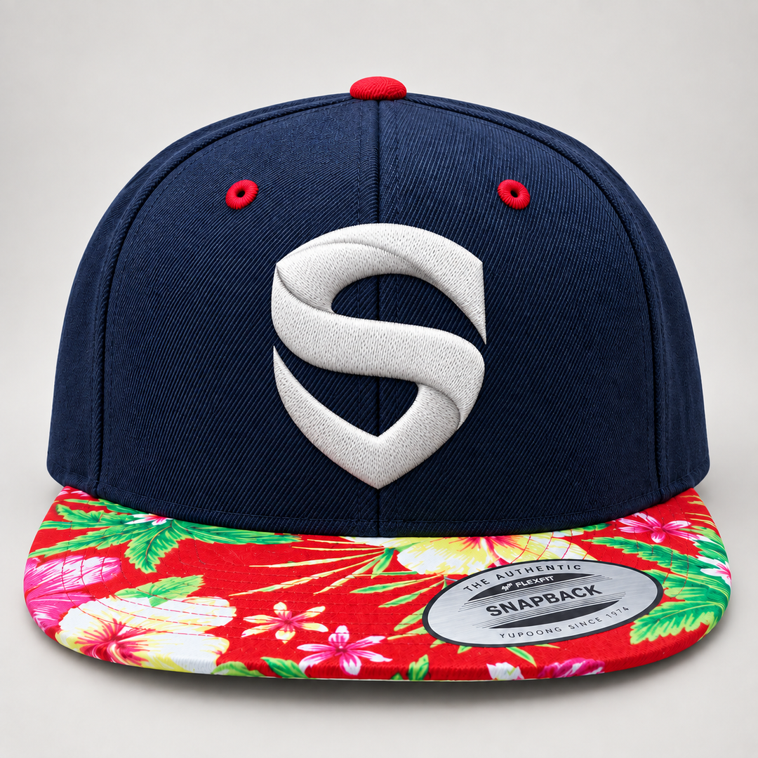 🌺⚡ Tropic Shield – Stitched Shield · White 3D puff · Navy Crown &amp; Tropical Floral Brim | Hand Finished in Dubai | EmbroMania