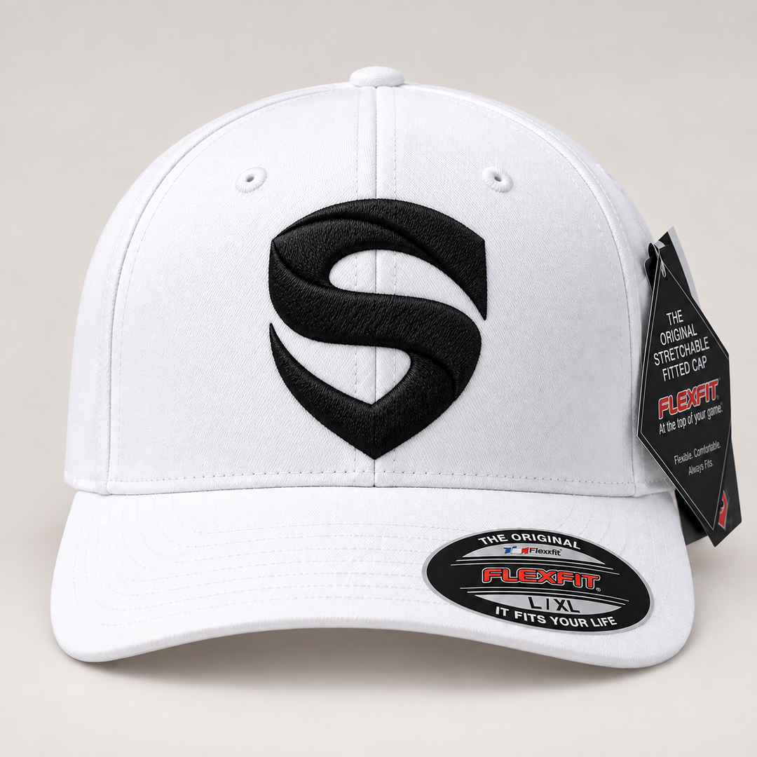 ☁️🖤 White Shield – Stitched Shield · Black 3D puff · White Solid Flexfit | Hand Finished in Dubai | EmbroMania