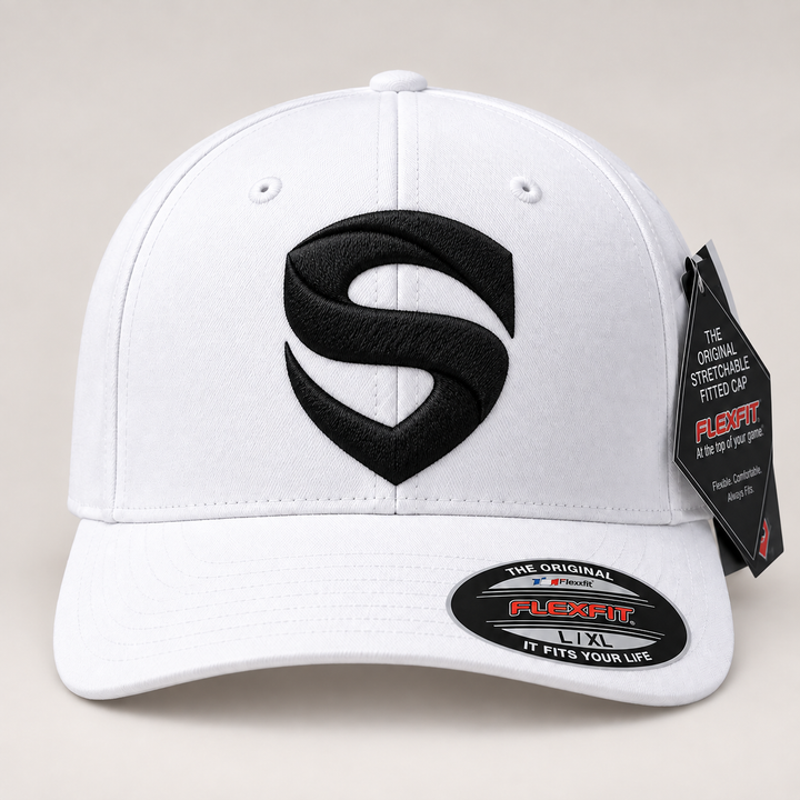 ☁️🖤 White Shield – Stitched Shield · Black 3D puff · White Solid Flexfit | Hand Finished in Dubai | EmbroMania