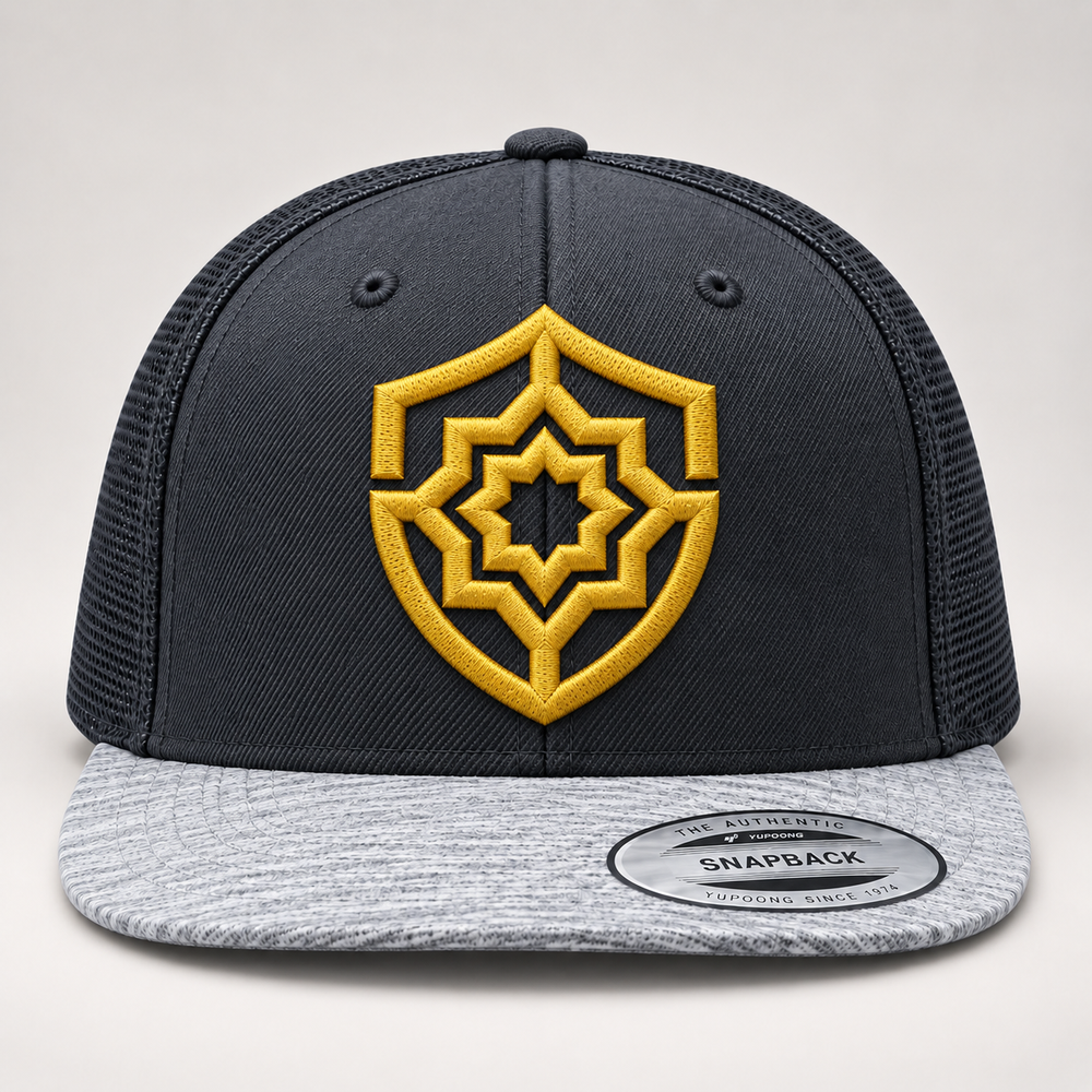 👑🌫️ Sultan Haze – Sultan's Mark · Gold 3D puff · Charcoal & Heather Grey Snapback | Hand Finished in Dubai | EmbroMania