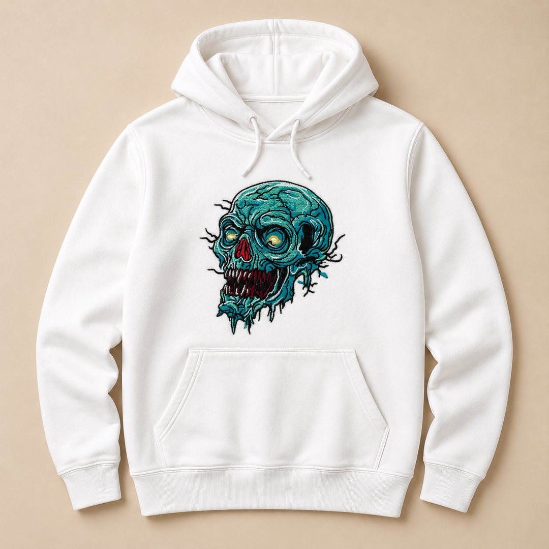 Swamp Wraith Skull Machine Embroidered Hoodie in Large Black – Rotting teal skull design with dripping tendrils embroidered on black 320gsm premium fleece | Hand Finished in Dubai