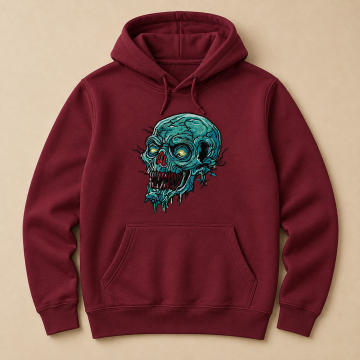 Swamp Wraith Skull Machine Embroidered Hoodie in Large Burgundy – Rotting teal skull design with dripping tendrils embroidered on burgundy 320gsm premium fleece | Hand Finished in Dubai