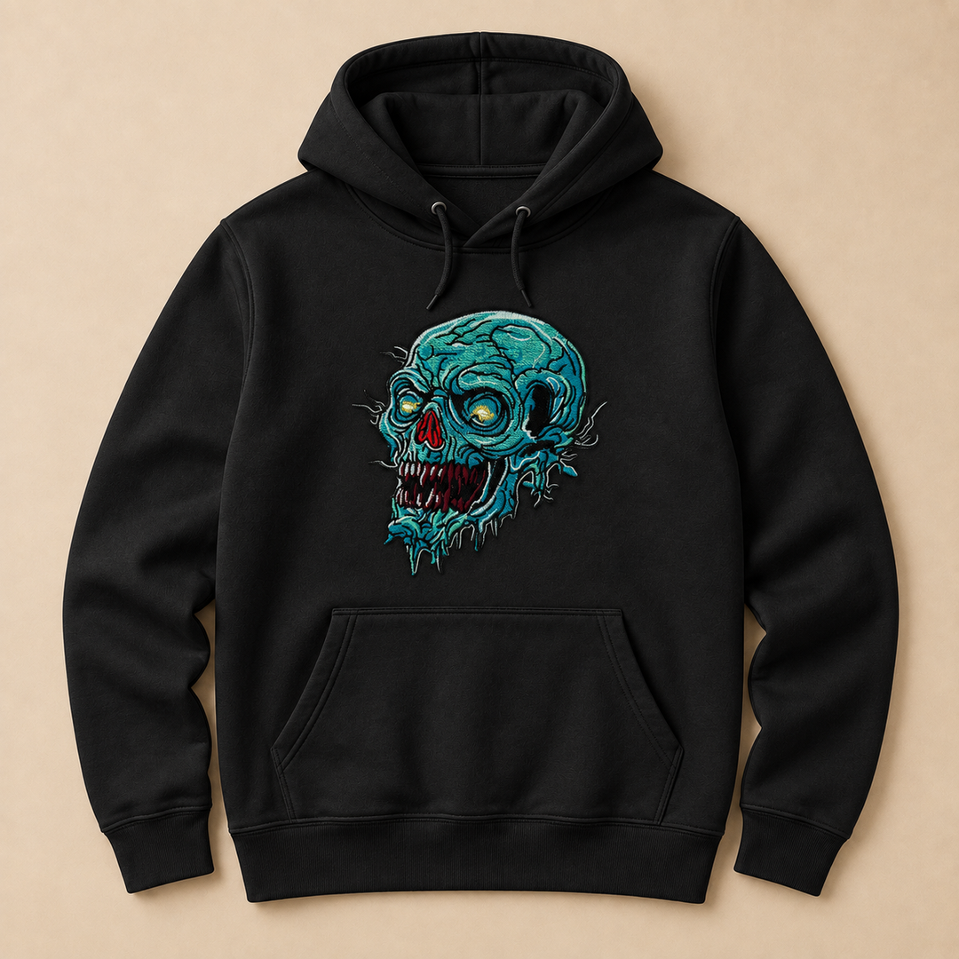 Swamp Wraith Skull Machine Embroidered Hoodie in Large White – Rotting teal skull design with dripping tendrils embroidered on white 320gsm premium fleece | Hand Finished in Dubai