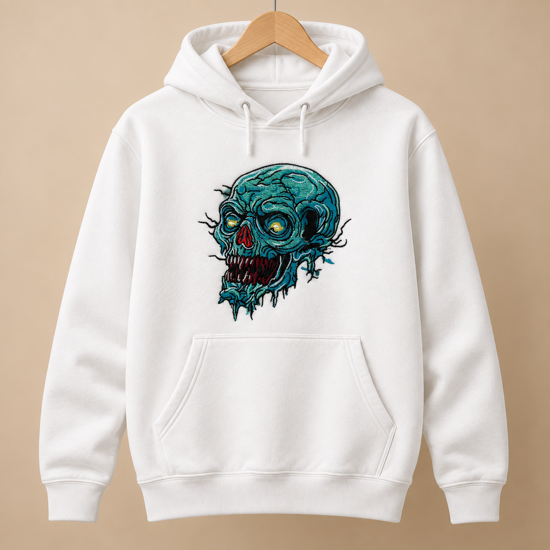 Swamp Wraith Skull Machine Embroidered Hoodie in Small Black – Rotting teal skull design with dripping tendrils embroidered on black 320gsm premium fleece | Hand Finished in Dubai