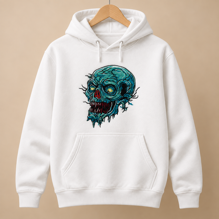 Swamp Wraith Skull Machine Embroidered Hoodie in Small Black – Rotting teal skull design with dripping tendrils embroidered on black 320gsm premium fleece | Hand Finished in Dubai