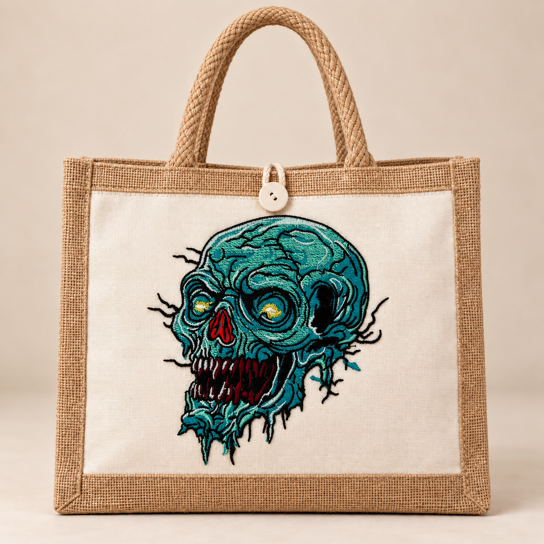 Swamp Wraith Skull Machine Embroidered Jute Tote – Rotting teal skull design embroidered on premium natural jute | Hand Finished in Dubai