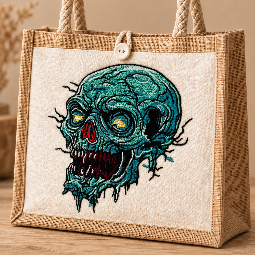 Swamp Wraith Skull Machine Embroidered Jute Tote – Rotting teal skull design embroidered on premium natural jute | Hand Finished in Dubai