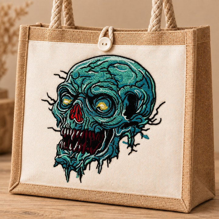 Swamp Wraith Skull Machine Embroidered Jute Tote – Rotting teal skull design embroidered on premium natural jute | Hand Finished in Dubai