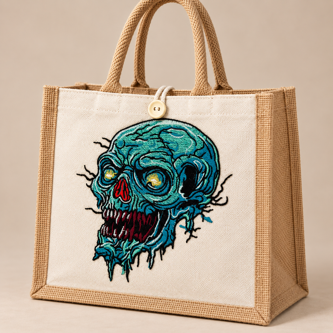 Swamp Wraith Skull Machine Embroidered Jute Tote – Close-up detail of rotting teal skull embroidery with fine crack and tendril texture | Hand Finished in Dubai