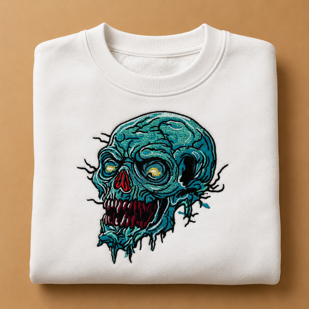 Swamp Wraith Skull Machine Embroidered Sweatshirt in Large Mint Green – Rotting teal skull design embroidered on mint green 320gsm cotton fleece crewneck | Hand Finished in Dubai