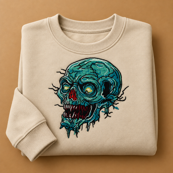 Swamp Wraith Skull Machine Embroidered Sweatshirt in Large White – Rotting teal skull design embroidered on white 320gsm cotton fleece crewneck | Hand Finished in Dubai