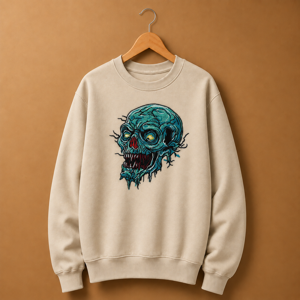 Swamp Wraith Skull Machine Embroidered Sweatshirt in Medium White – Rotting teal skull design embroidered on white 320gsm cotton fleece crewneck | Hand Finished in Dubai