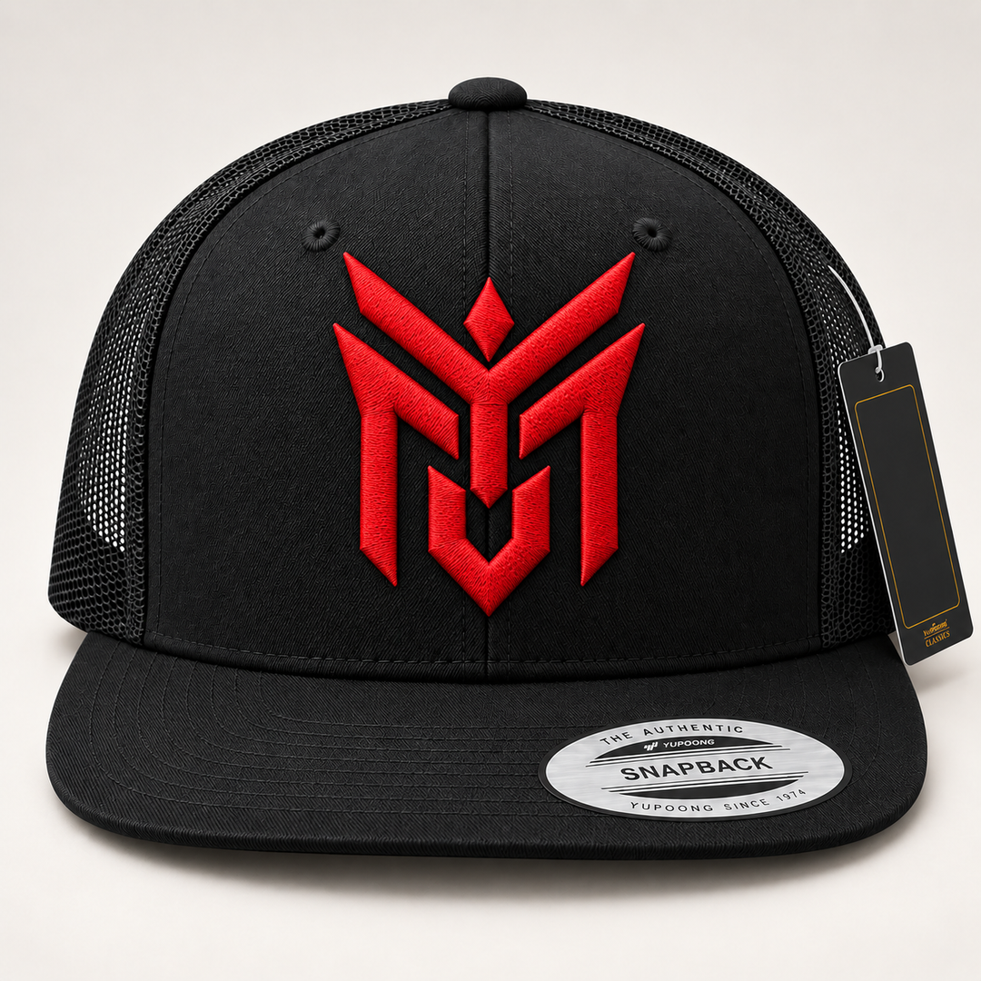 🔴🖤 Crimson Talon – Talon Wing Crest · Red 3D puff · Black Flat Trucker YP Classics | Hand Finished in Dubai | EmbroMania