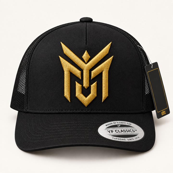 ✨🖤 Gilded Talon – Talon Wing Crest · Gold 3D puff · Black Curved Trucker | Hand Finished in Dubai | EmbroMania