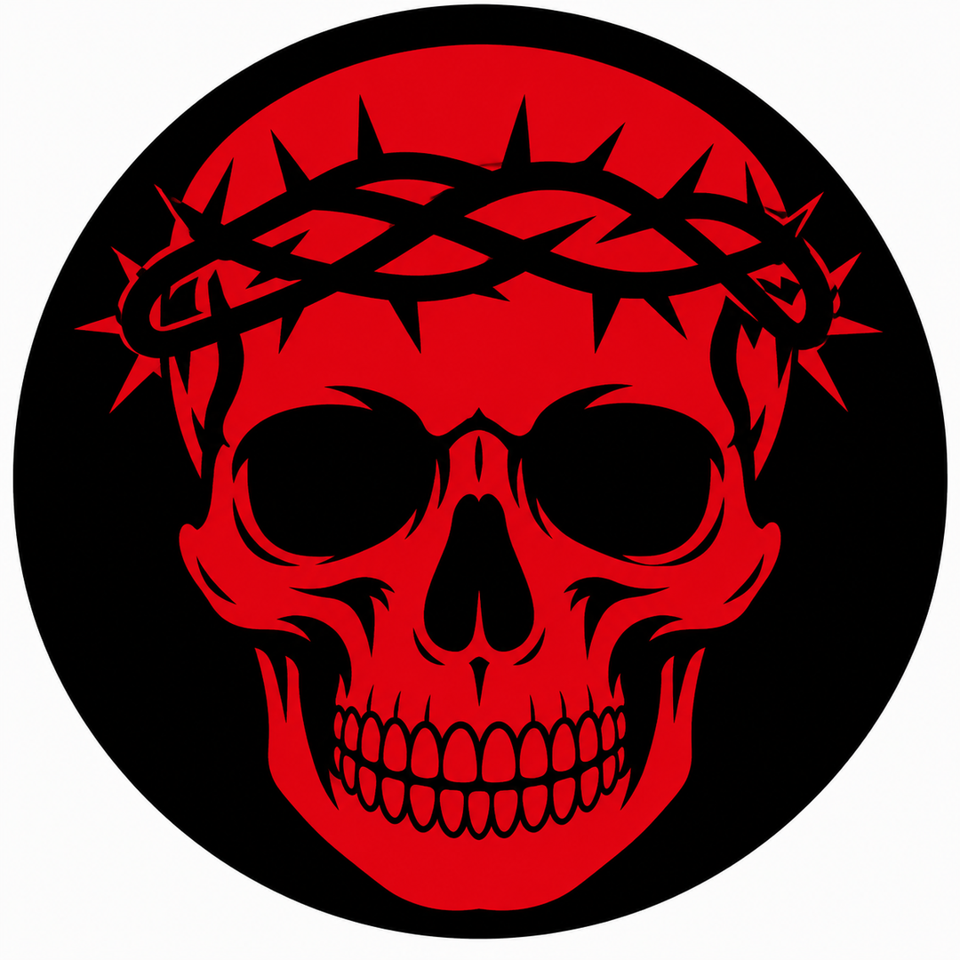 Thorned Crown Skull embroidery patch featuring a front-facing skull with a thorn crown in flat black and deep red | Hand Finished in Dubai | EmbroMania