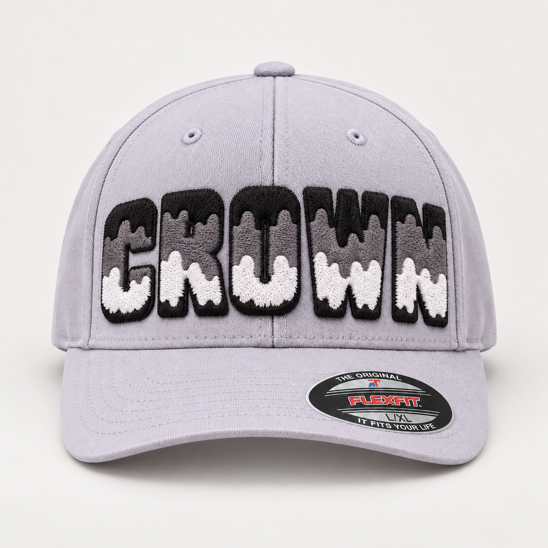 🩶 Ash Crown – Tri-Stack Puff · Black top · Charcoal mid · White base · Light Grey Flexfit | Hand Finished in Dubai | EmbroMania
