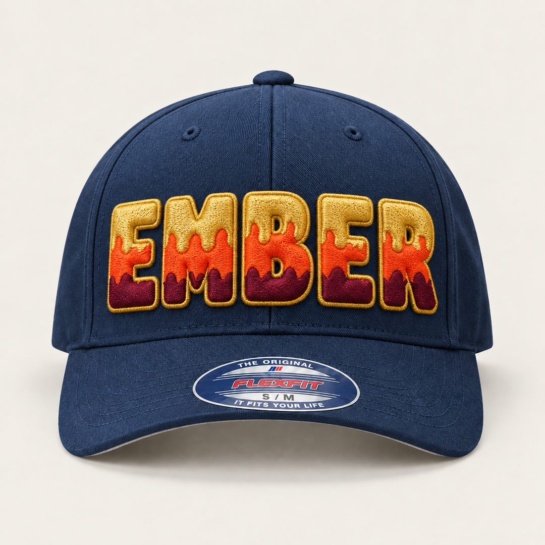 🔥 Ember &amp; Gold – Tri-Stack Puff · Gold top · Orange mid · Burgundy base · Navy Flexfit | Hand Finished in Dubai | EmbroMania