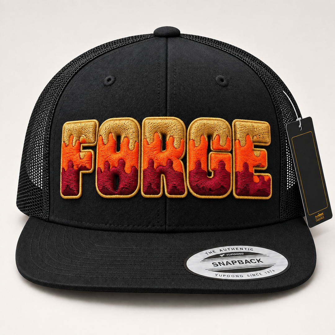 🔥 Ember &amp; Gold Noir – Tri-Stack Puff · Gold top · Orange mid · Burgundy base · Black Flat Trucker | Hand Finished in Dubai | EmbroMania
