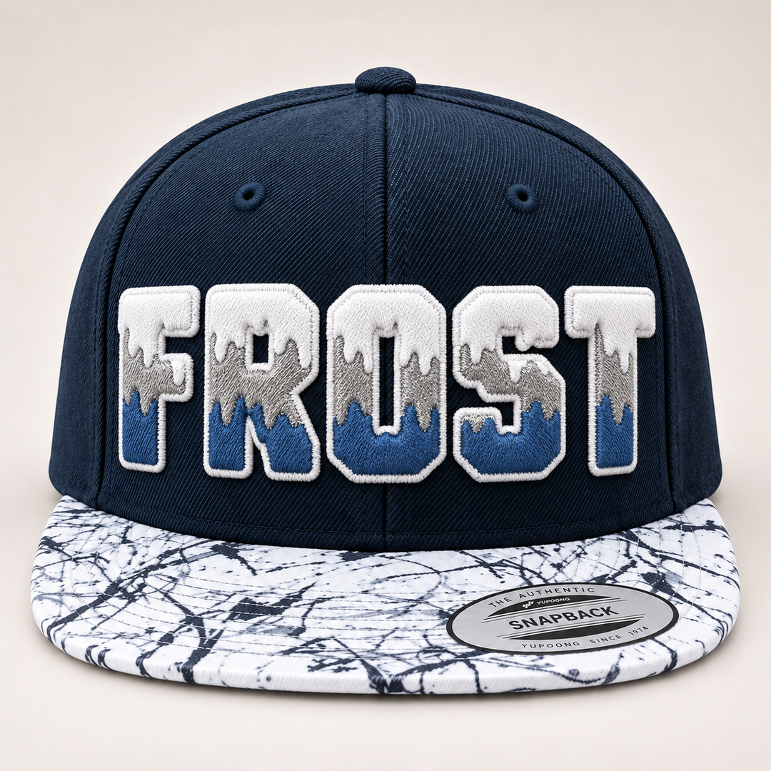 ❄️ Marble Frost – Tri-Stack Puff · White top · Silver mid · Steel Blue base · Navy Marble Brim Snapback | Hand Finished in Dubai | EmbroMania