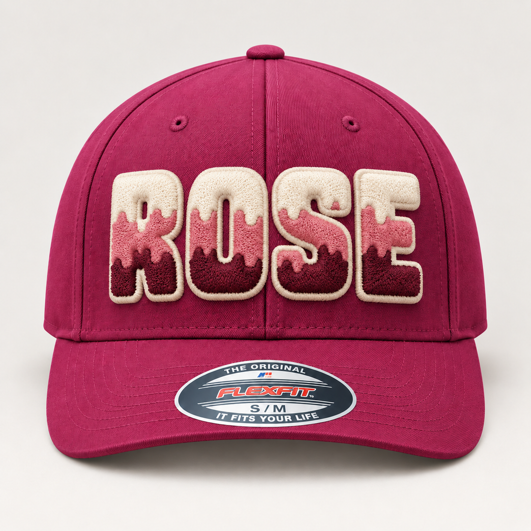 🌹 Rose Heritage – Tri-Stack Puff · Cream top · Dusty Pink mid · Deep Maroon base · Maroon Flexfit | Hand Finished in Dubai | EmbroMania