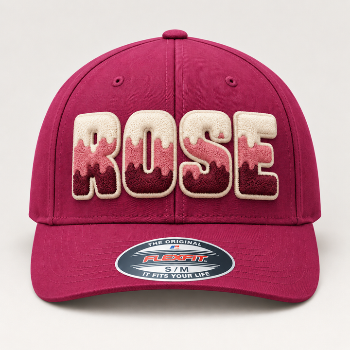 🌹 Rose Heritage – Tri-Stack Puff · Cream top · Dusty Pink mid · Deep Maroon base · Maroon Flexfit | Hand Finished in Dubai | EmbroMania
