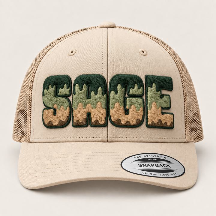 🌿 Sage &amp; Sand – Tri-Stack Puff · Forest Green top · Sage mid · Tan base · Beige Retro Trucker | Hand Finished in Dubai | EmbroMania